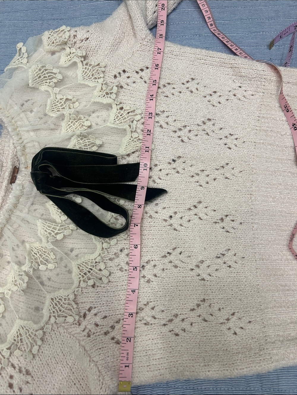 Free People baby pink sweater Victorian lace collar forest green ribbon size S - Picture 6 of 7